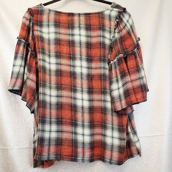 Seven7 Plaid Peplum Sleeve Blouse Medium - Picture 7 of 8